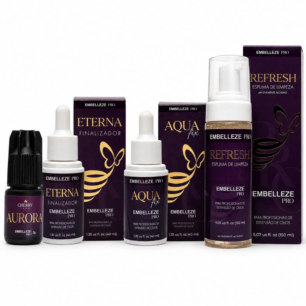 Kit Cola Adesivo Aurora + Espuma De Limpeza + Aqua Fix + Finalizador Embelleze Pro Extensão Cílios