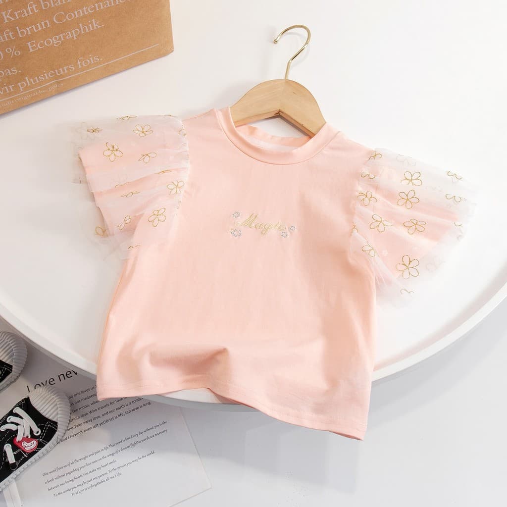 Meninas camiseta de manga curta 2025 verão novo estilo bebê menina Net gaze mangas versão coreana camiseta médio pequena