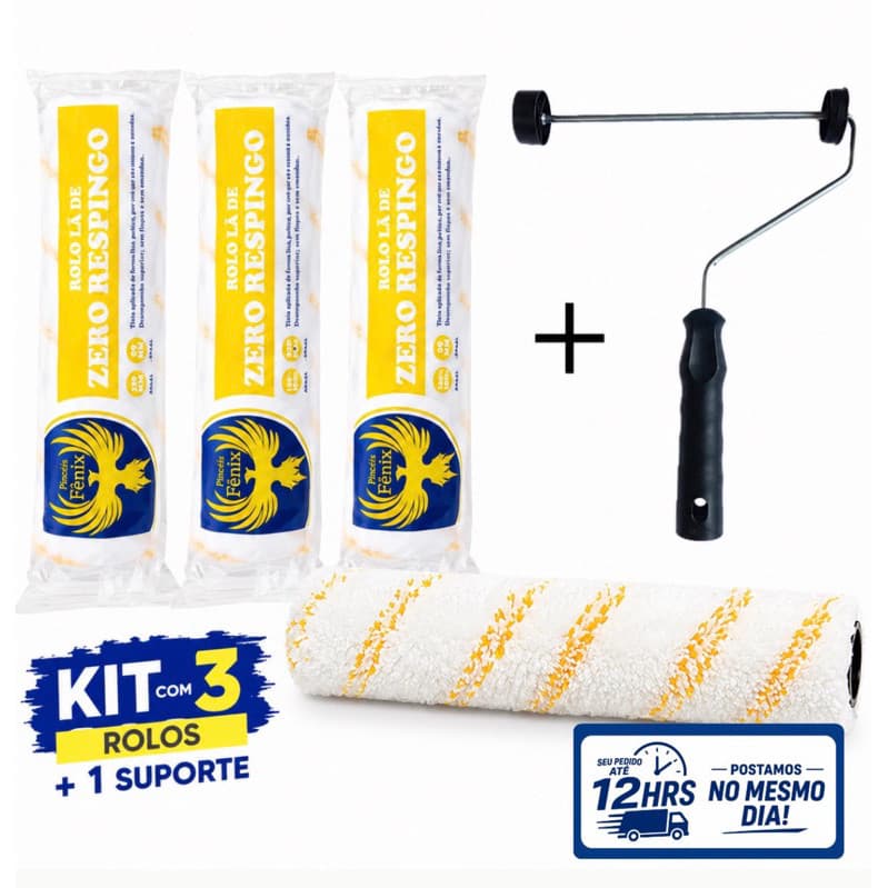Kit 3 Rolo de Pintura de Lã Respingo Zero 23cm + 1 Suporte de Pressão P/ Tinta Látex, Acrílica e Esmalte