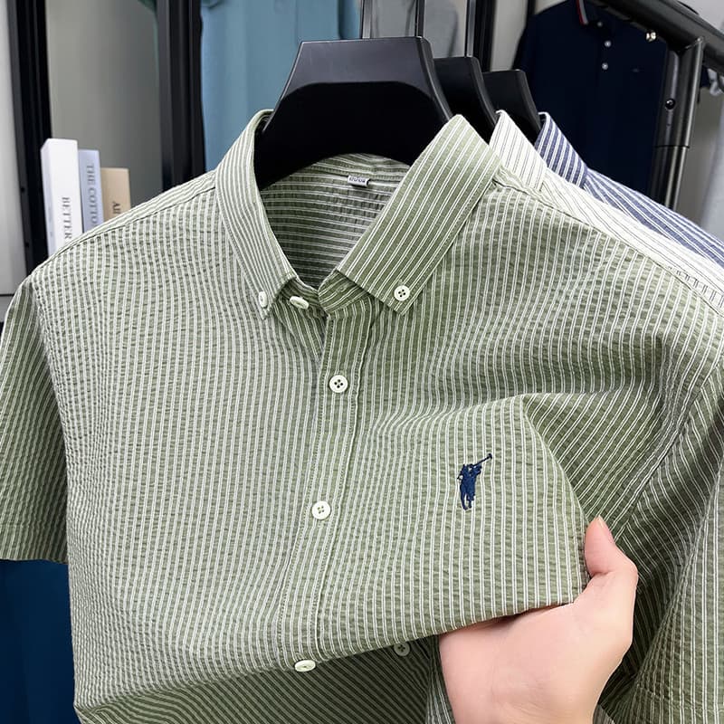 Novo estilo 100% algodão camisa de manga curta masculina verão listrado pônei etiqueta camisa bordada negócios Anti-ruga