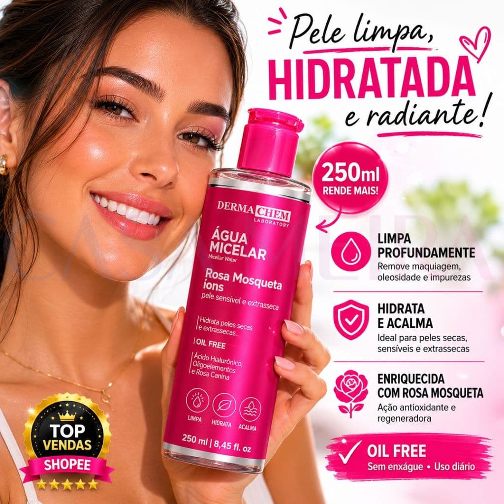 Água Micelar Rosa Mosqueta 250ml Com Ions Limpeza Profunda Dermachem