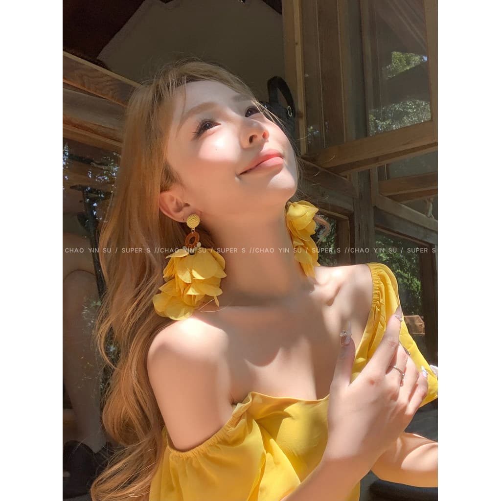 Brinco brinco feminino Mori doce amarelo borla flor brincos feminino exagerado estilo férias à beira-mar brincos exclusi