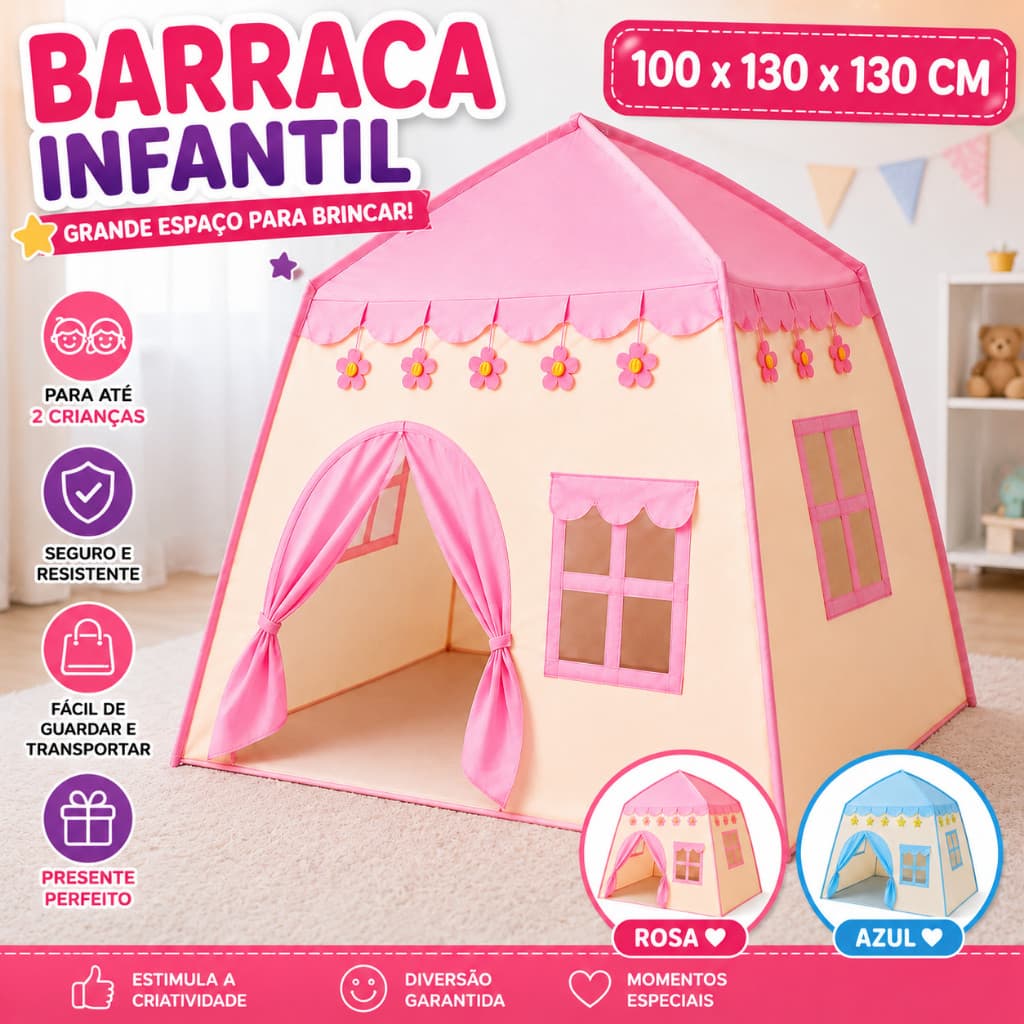 Barraca Infantil Casinha Dobrável Menino Menina Rosa Azul 100x130x130cm