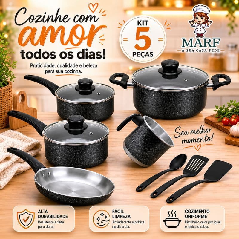 🥘Kit Completo MARF com 5 Peças – Panelas, Frigideira e Leiteira com Tampas de Vidro para Sua Cozinha Moderna