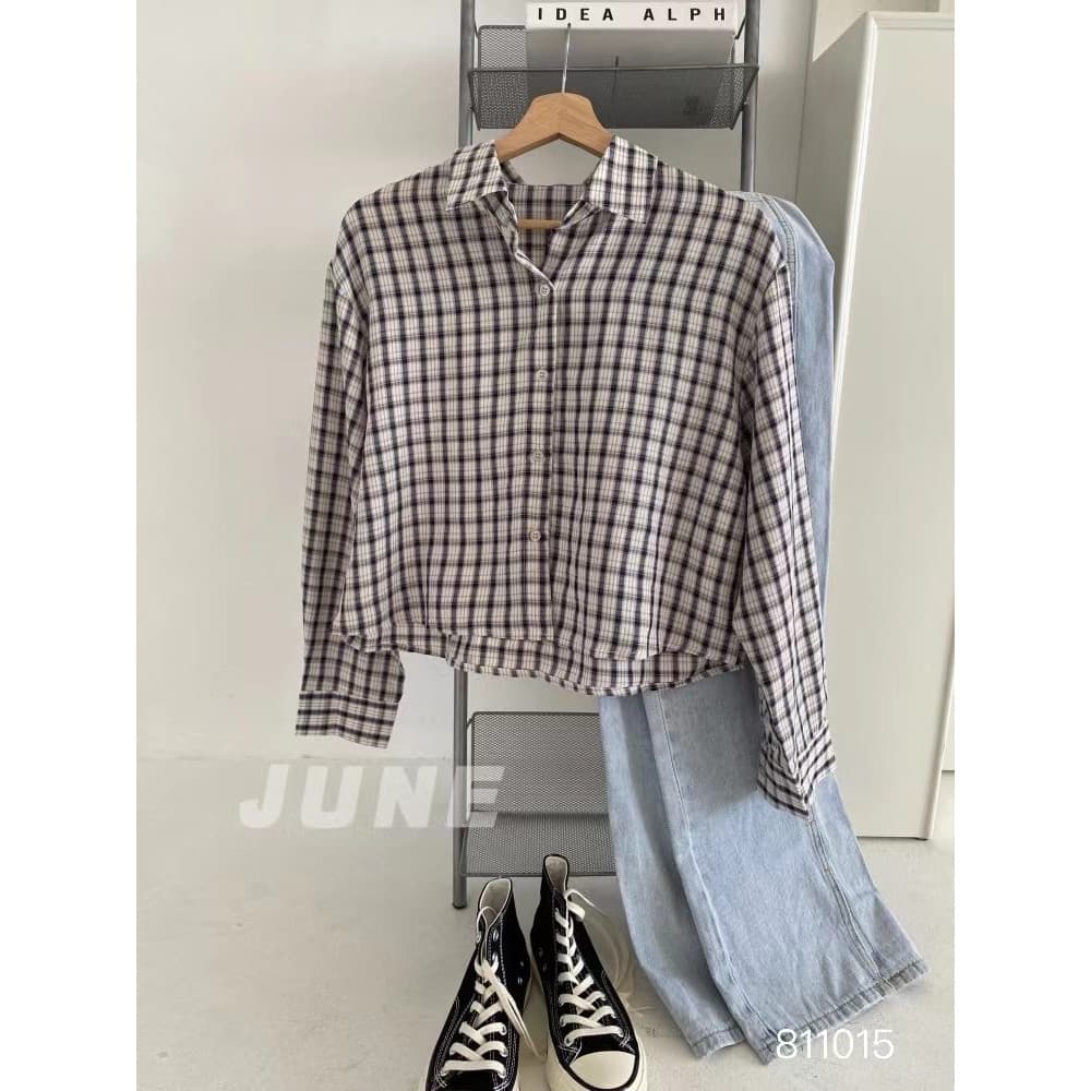 Junho versão coreana xadrez camisa de manga comprida temperamento estilo Commuter All-Match estilo clássico lapela camis