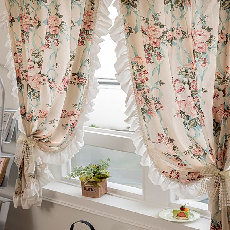 Francês Retro rosa grande flor tribunal estilo cortina creme pequeno americano impresso meia cortina quarto Bay janela b