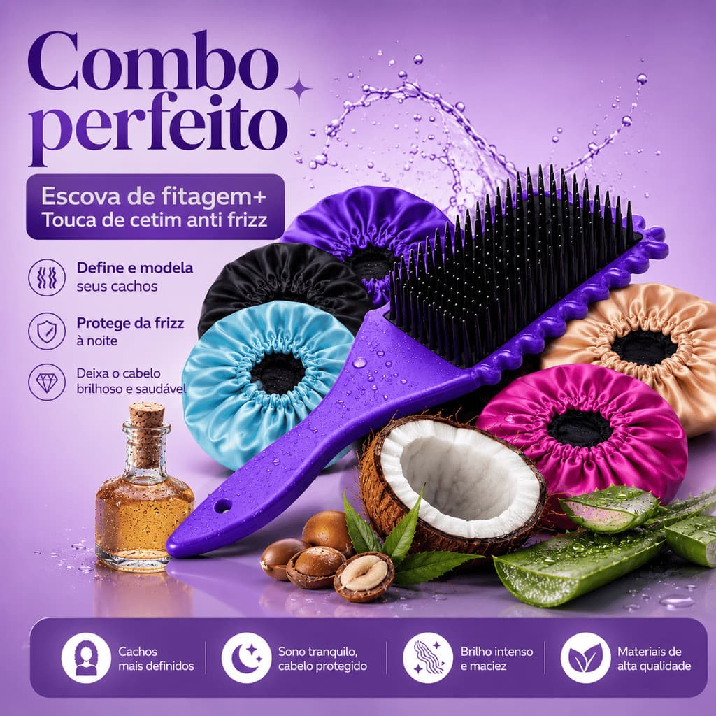 Kit Escova de Fitagem Onda+Touca de Cetim Grande Anti Frizz Define e Protege os Cacho Pronta Entrega
