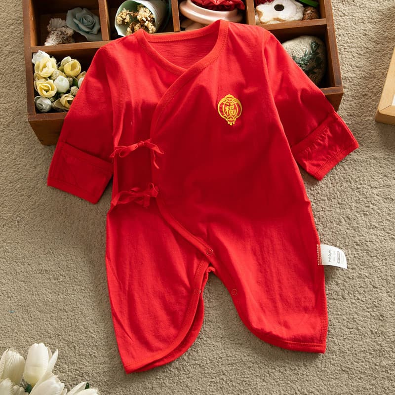 Primavera verão bebê recém-nascido cem dias vermelho rendas monge roupas de algodão puro macacão mês inteiro 1 março rou