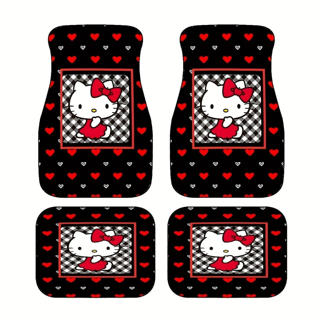 Conjunto de 4 peças de tapete Universal para pés de carro xadrez preto e branco Hello Kitty, tapete interno durável anti