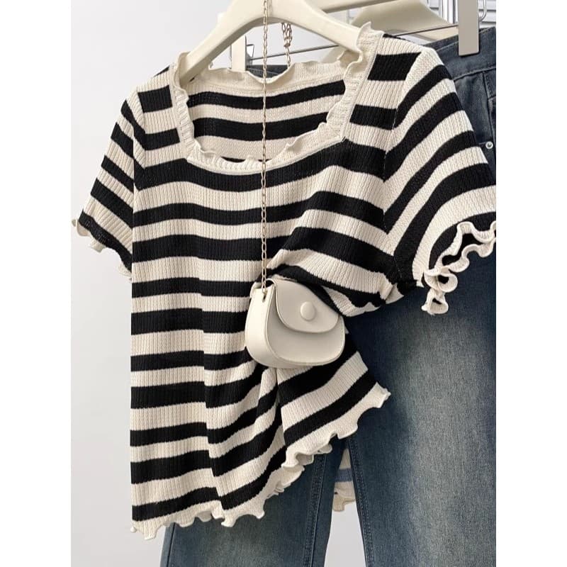 Solto mais magro olhar [40-100kg] gola quadrada fungo borda listrado camiseta de manga curta feminina verão irmã gorda i