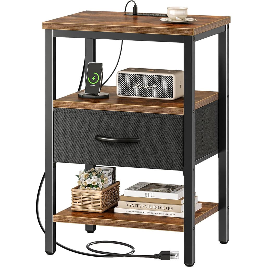 Mesa de Cabeceira 3 Niveis com Gaveta e Estacao de Carregamento USB Tipo C Compacta para Quarto Pequeno Madeira