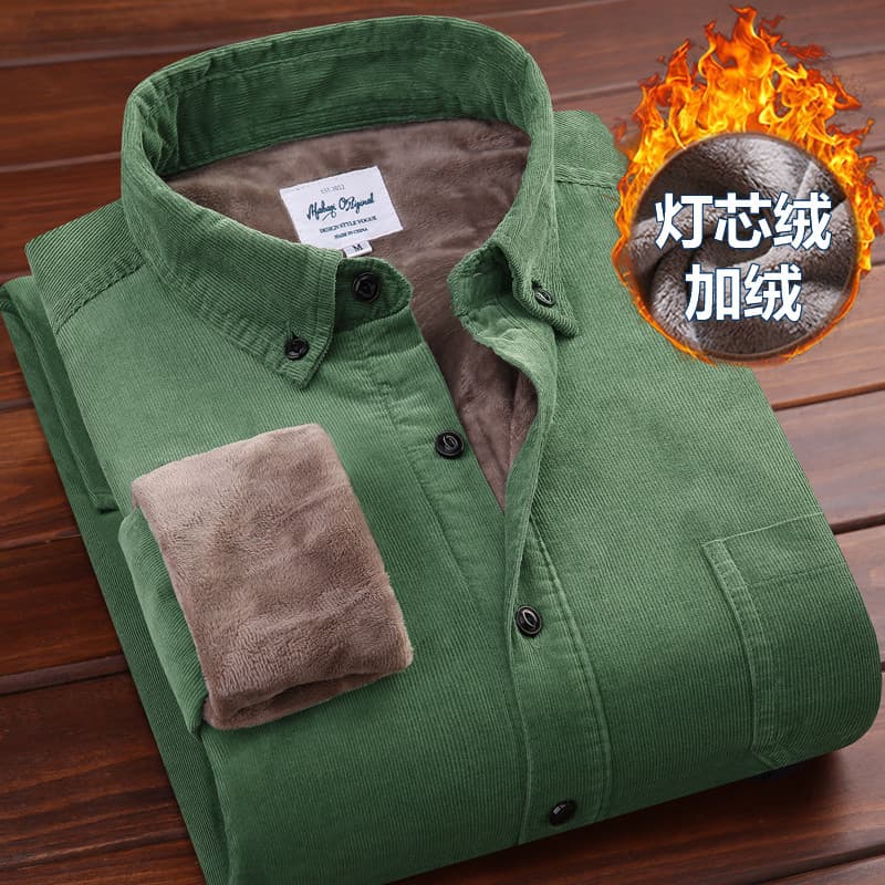 W inverno masculino de manga comprida listrado camisa verde não-ferro puro algodão veludo mais veludo engrossado camisa