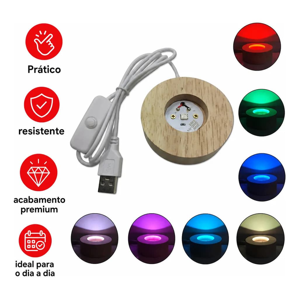 Luminária Led Colorida Rgb Base Madeira Cabo Usb
