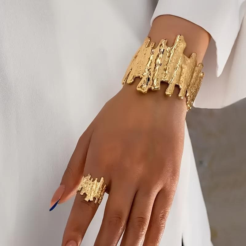 Aberto Ajustável Folha De Oliveira Ouro Ramo Manguito Pulseira E Anel Conjunto Para Mulheres Dama De Honra Casamento Jói