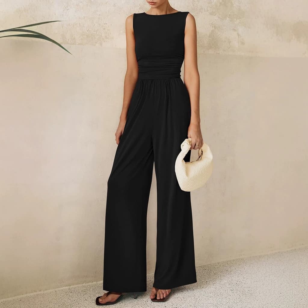 Macacão feminino PRETTYGARDEN moda Casual sem mangas gola redonda macacão de perna larga pulôver férias