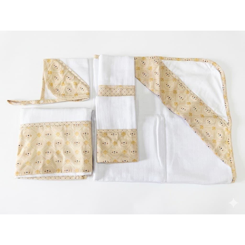 Kit Toalha de Banho com Capuz para Bebê + 2 Fraldas de Boca + Babita/Babete + Fralda de Ombro
