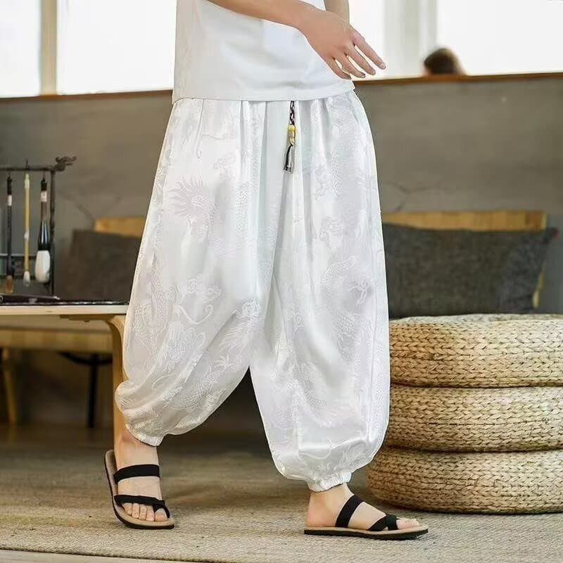 Estilo chinês estilo fino dragão padrão calças de perna larga calças casuais masculinas tamanho grande#中国风薄款龙纹阔腿裤男休闲裤大码