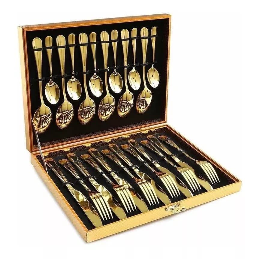 Faqueiro Luxo 24 Peças Prateado ou Dourado Ouro Garfo Colher E Faca Inox + Maleta Presente Casamento