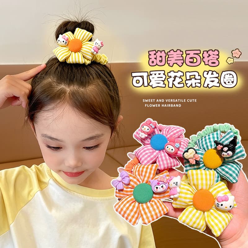 Crianças anel de cabelo dos desenhos animados bonito laço de cabelo borracha meninas flores doce acessórios para o cabel
