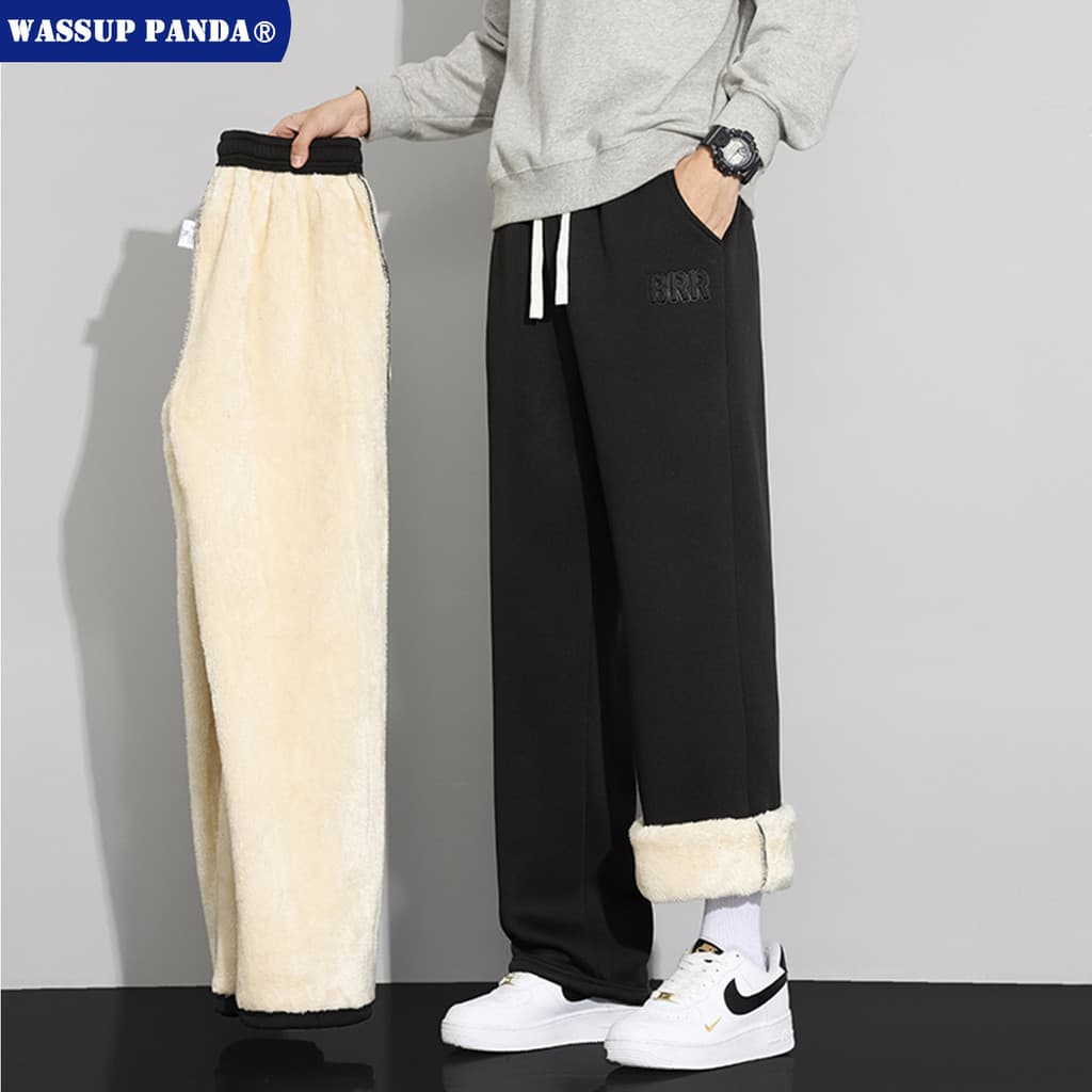 WASSUP PANDA Calças de lã de cordeiro estampadas em aço masculino outono inverno forro de lã calças casuais retas calças