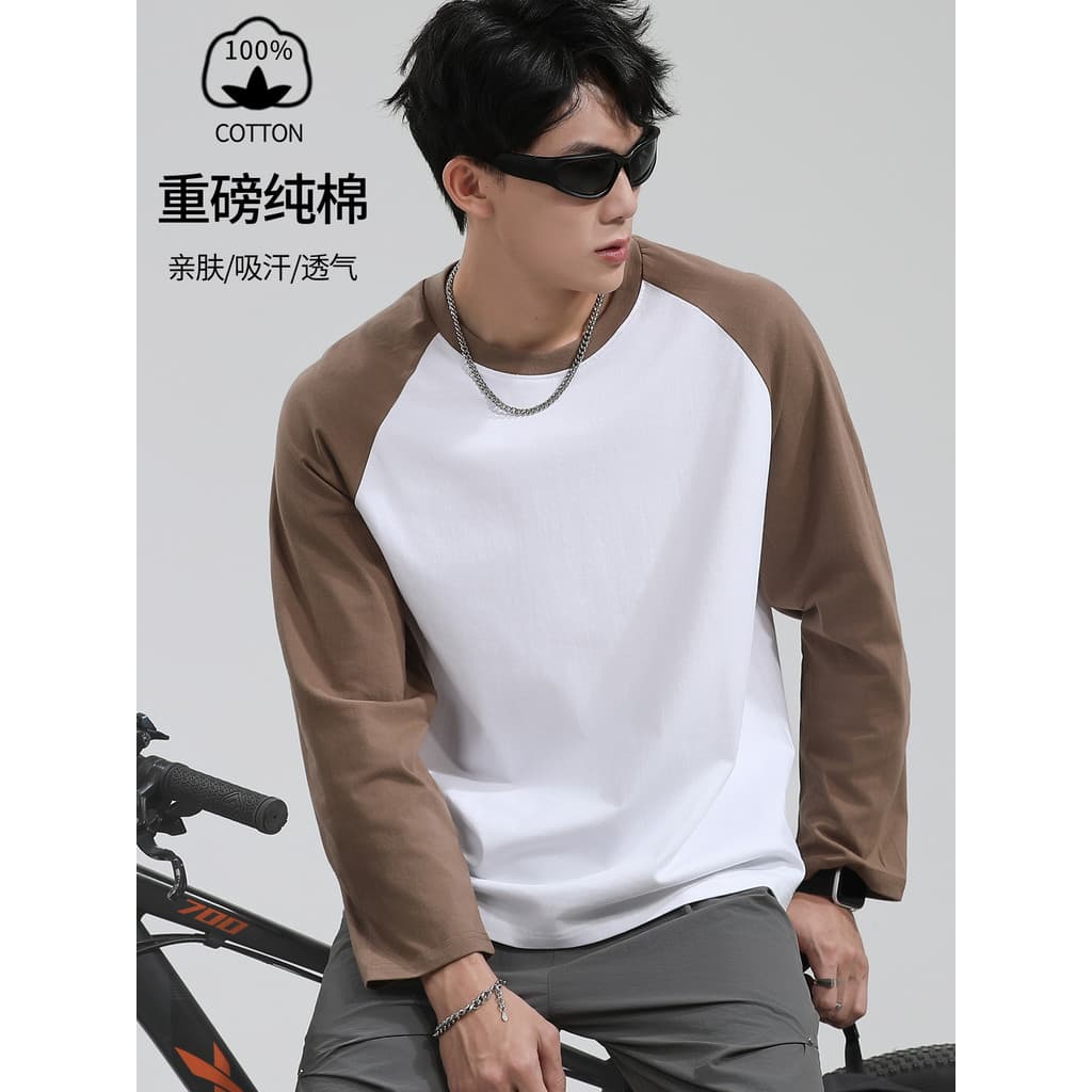 Camiseta masculina de manga comprida de algodão pesado outono All-Match em torno do pescoço cor sólida camisa de fundo A