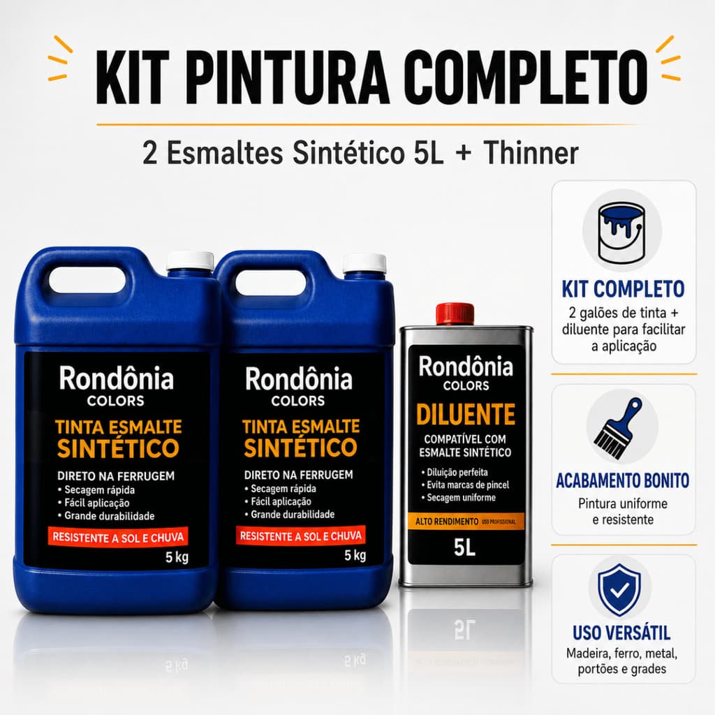Kit 2 Galões Esmalte Sintético 5kg + Diluente 5kg Brilho Ferro Madeira Metal