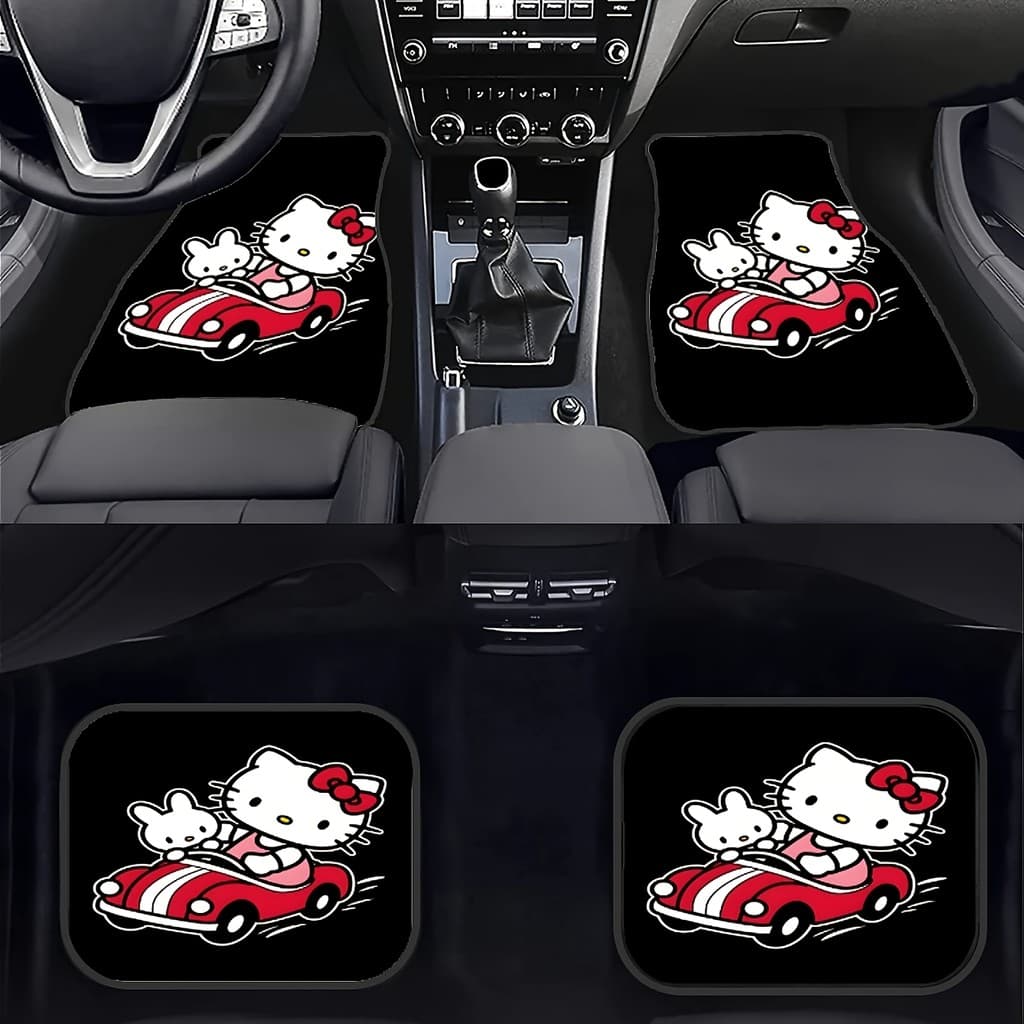 Tapetes universais para pés de carro Hello Kitty, usando lindos designs de corrida vermelhos e personagens de desenhos a