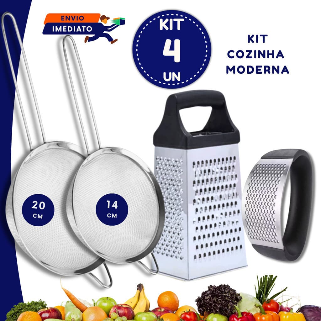 Jogo 2 Peneiras Coador de Aço Inox 20cm 14cm  + Ralador + Amassador de Alho para Cozinha Casa Restaurante Doceria