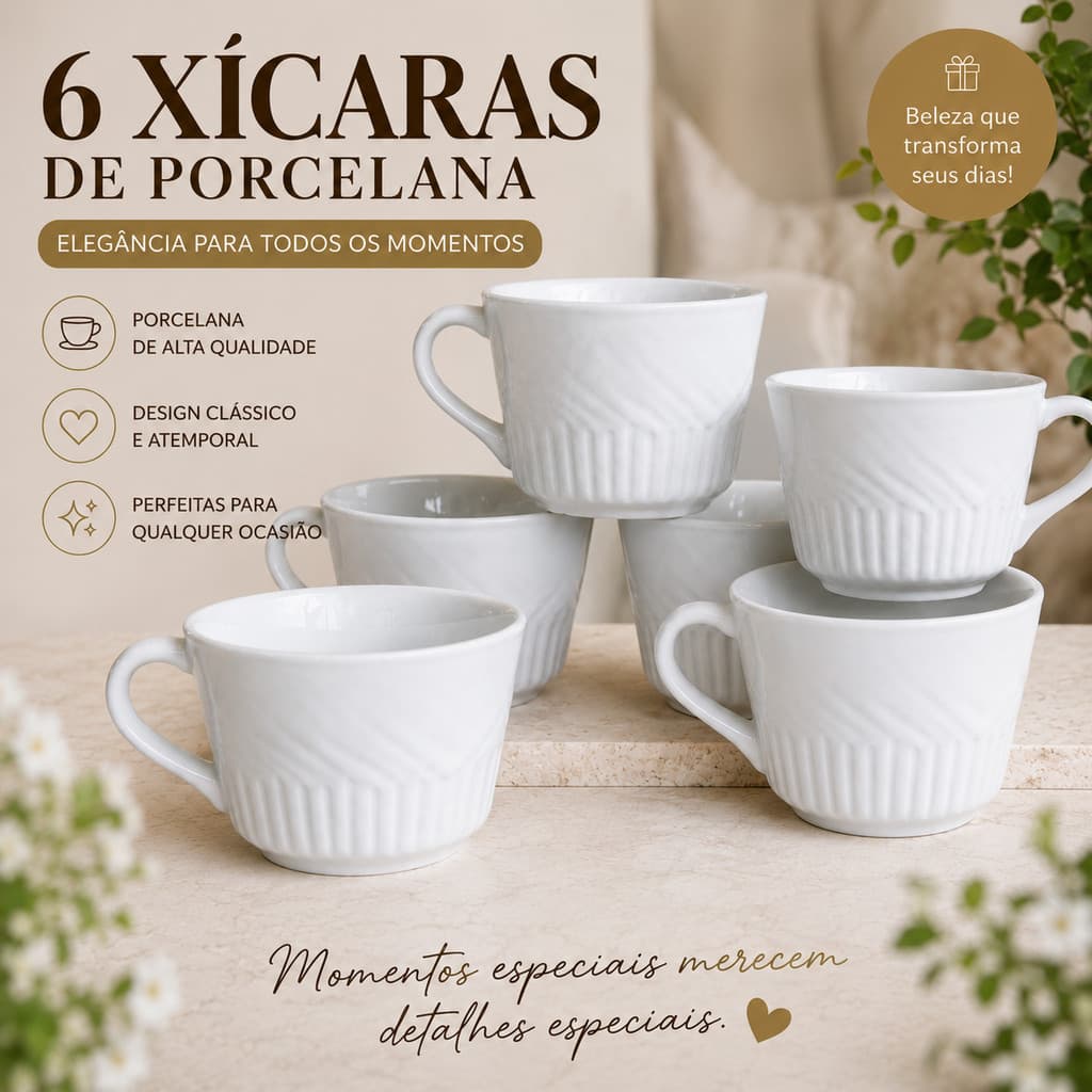 Jogo 6 Xicaras Porcelana Branca Com Relevo Kit Caneca Café Chá 90ml Sem Pires