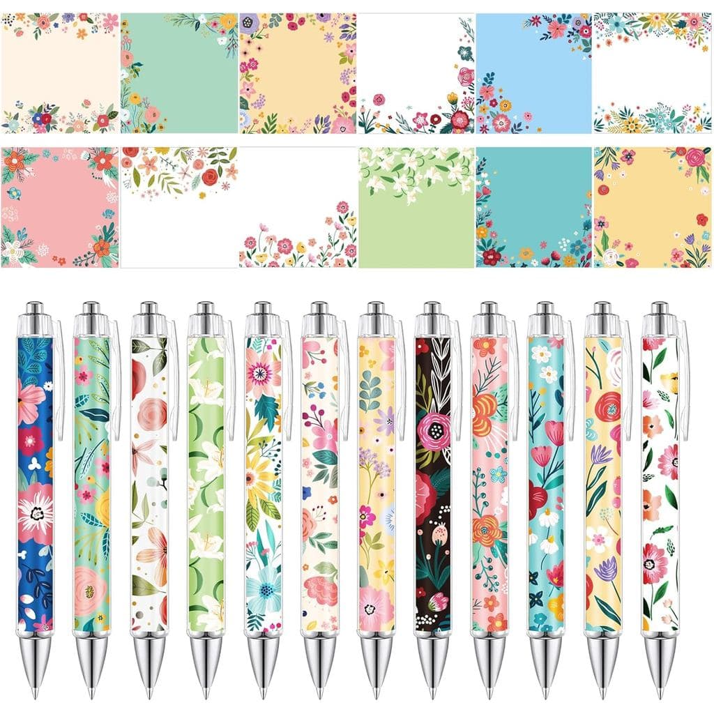 24 Pcs Flower Pens with Sticky Notes Set Floral Theme Office Gifts for Women Fancy Pretty Ballpoints Pens Cute Memo Note