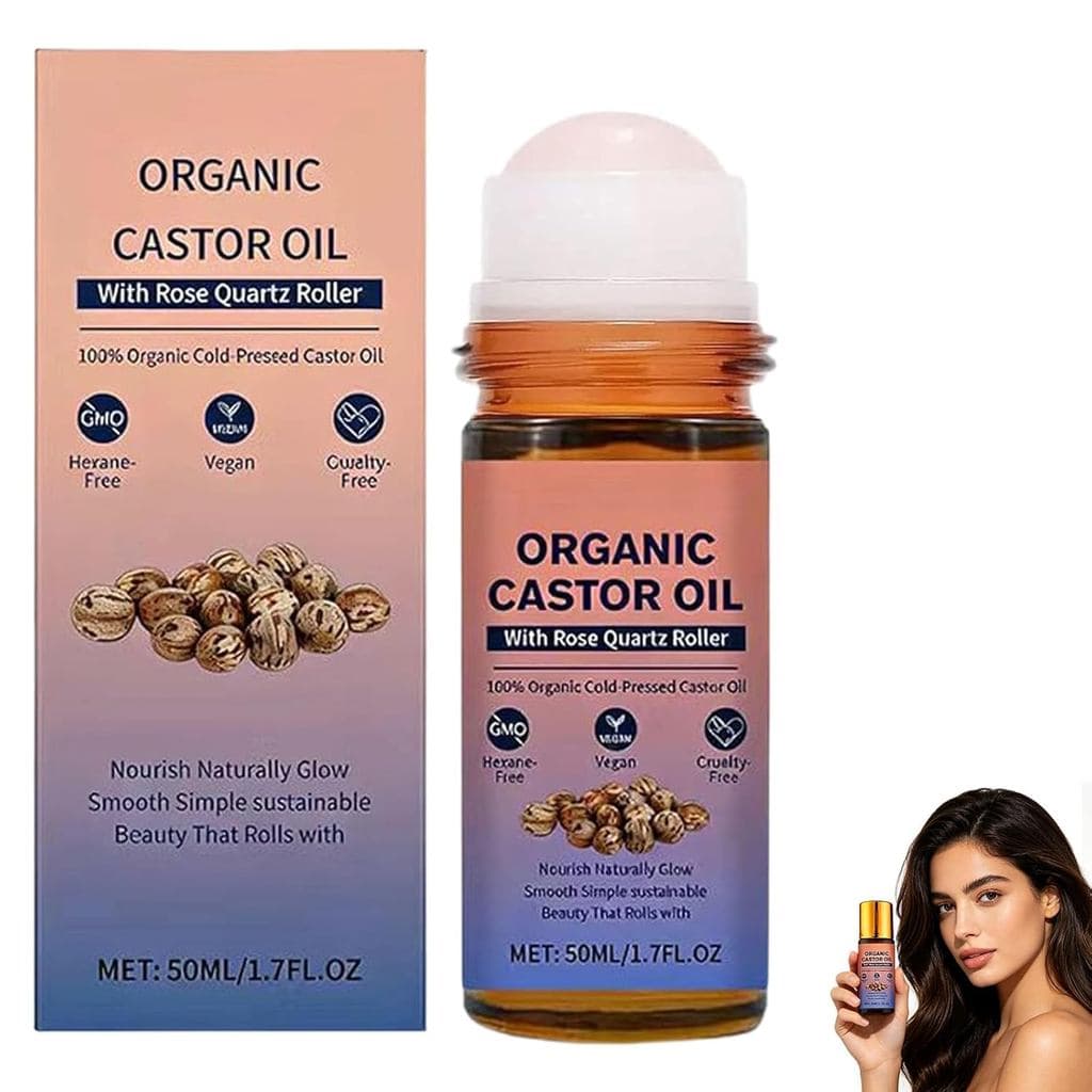 DESIYUE Óleo de Rícino Orgânico Roll-On com Esfera de Quartzo Rosa, 100% Óleo de Rícino Orgânico Prensado a Frio, Esfera
