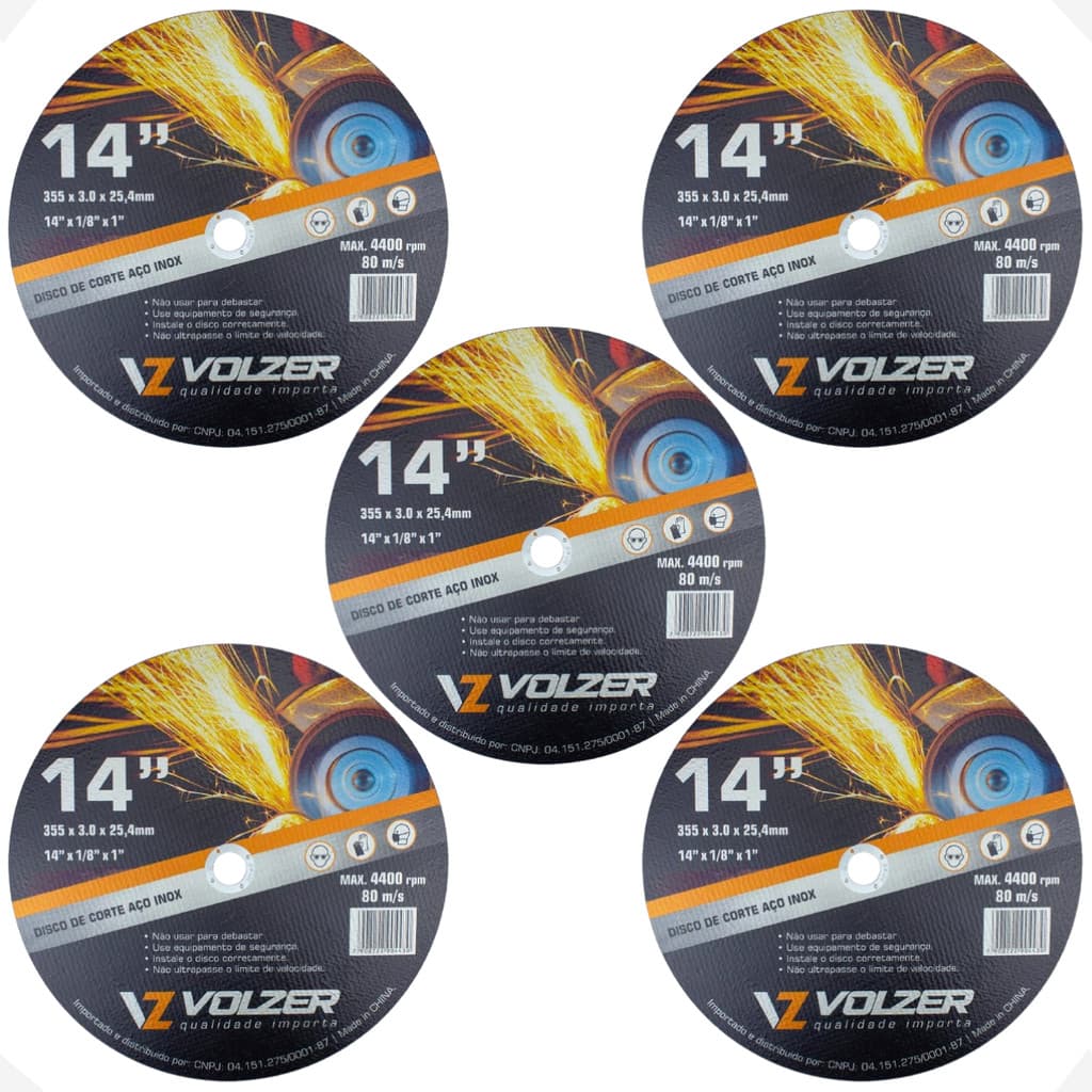 Kit 5 Discos de Corte Policorte Aço Inox 14 Pol x 3mm x 1 Pol Volzer