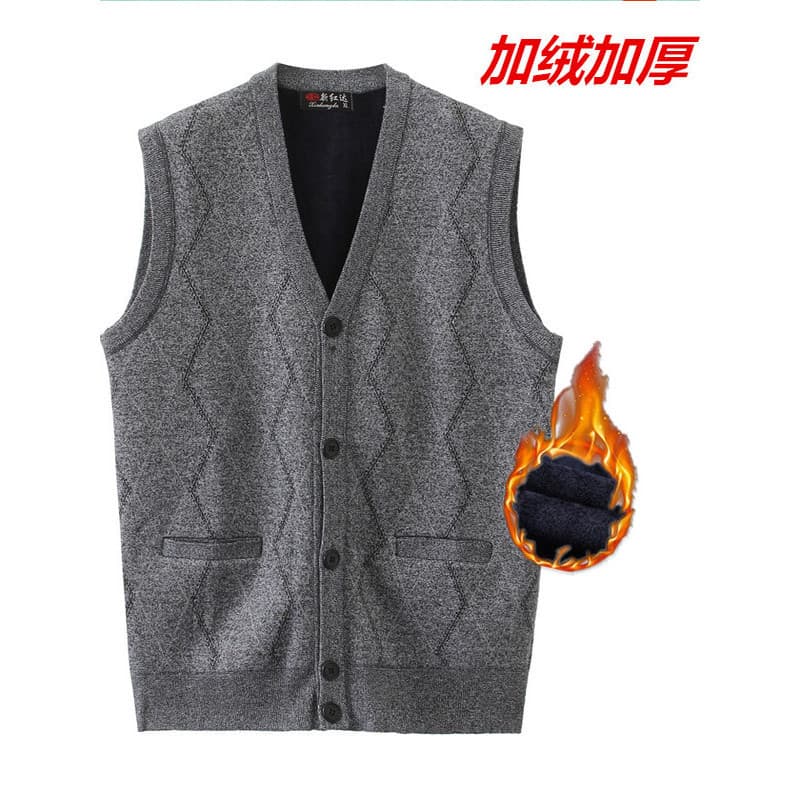 Roupas masculinas idosas de meia-idade forro de lã engrossado colete pai outono inverno malha tamanho grande com decote