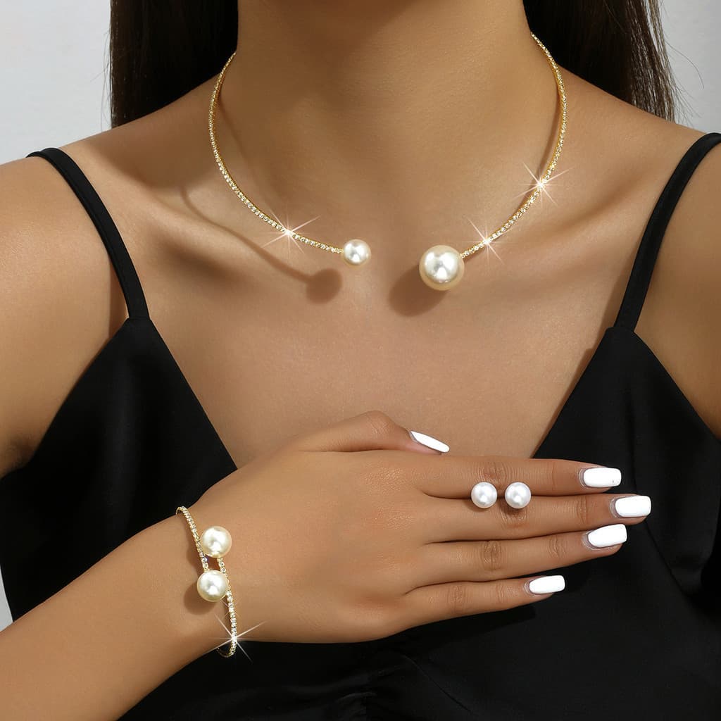 Conjunto de Joias Clássicas TREAZY para Casamento e Festa Feminina, Gargantilha de Pérolas e Strass, Colar MLYE