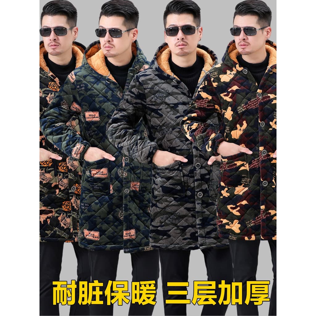 W Blusa camuflada masculina de inverno, comprimento médio, jaqueta acolchoada de algodão, forro de lã, espessada e fria