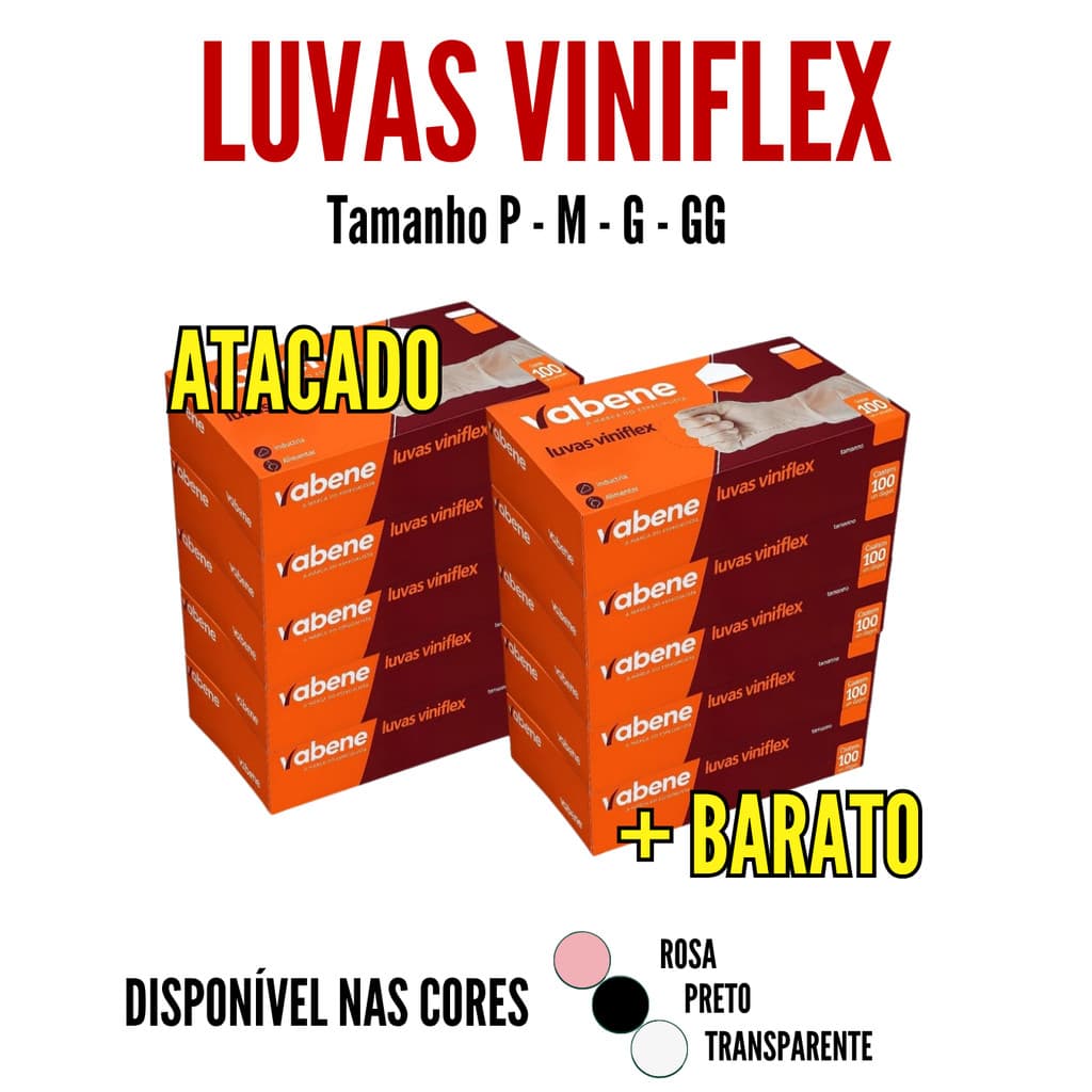 KIT 1000 uni Luva Descartável Viniflex TPE Preta - Rosa - Transparente - sem pó  P/M/G/GG