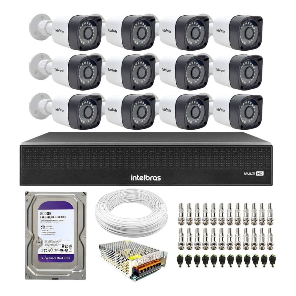 Kit 12 Câmeras Segurança TF 2020 Bullet Full HD DVR MHDX 1116-C Intelbras 16 Canais Com HD 500Gb