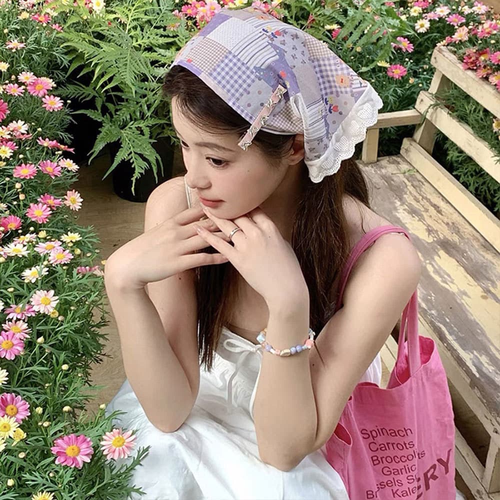 [Estoque pronto] Lenço triangular de renda francesa doce atmosfera feminina lenço de cabeça verão férias foto decoração