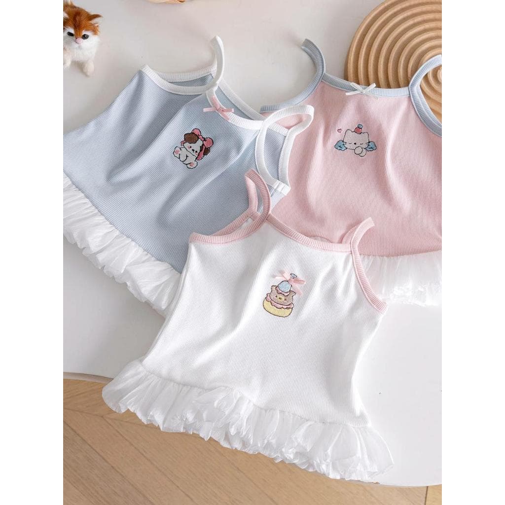 Menina verão estilo princesa costura sem mangas colete menina bebê moda dos desenhos animados cor sólida bordado camisol