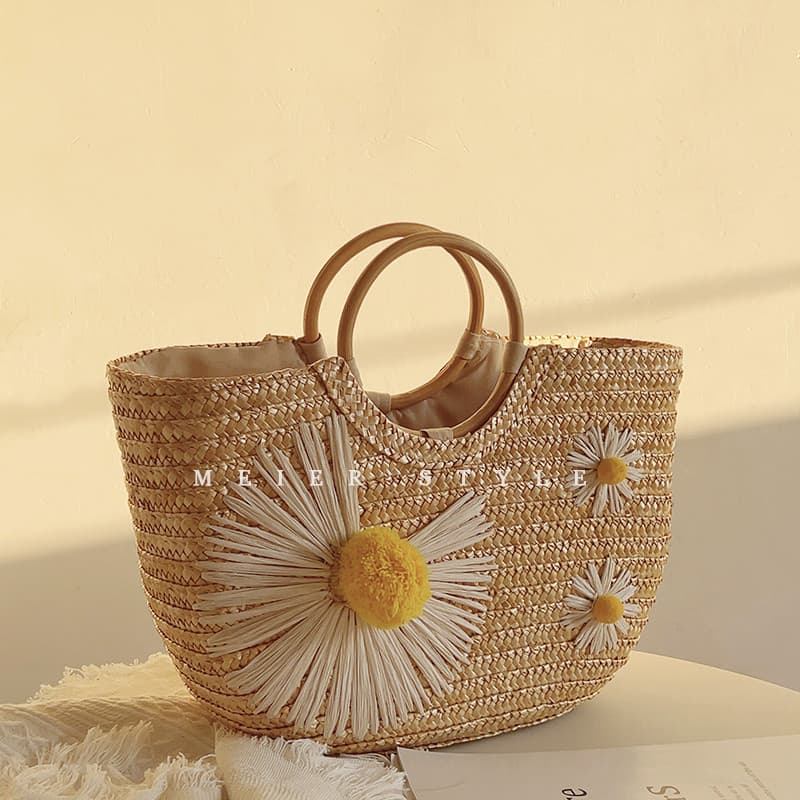 Estilo coreano ins pequena margarida saco de palha anel de madeira bolsa tecido estilo férias saco de praia bolsa femini
