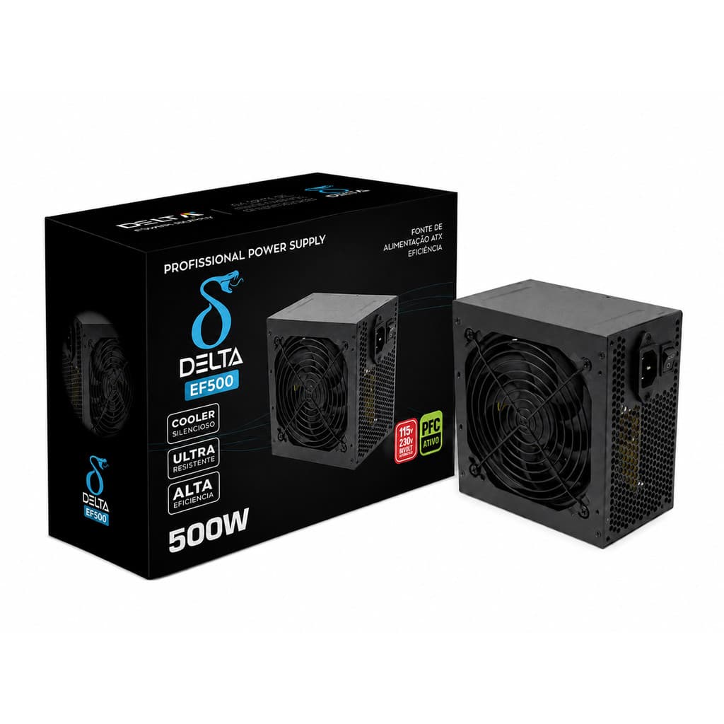 Fonte De Alimentação 500w Bivolt Automatica Para Pc Desktop ATX Delta EF500W 24 Pinos Cor Preto