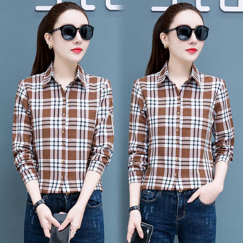 Outono verificado camisa feminina 2026 novo estilo escovado versão coreana All-Match feminino topo solto Retro café prot
