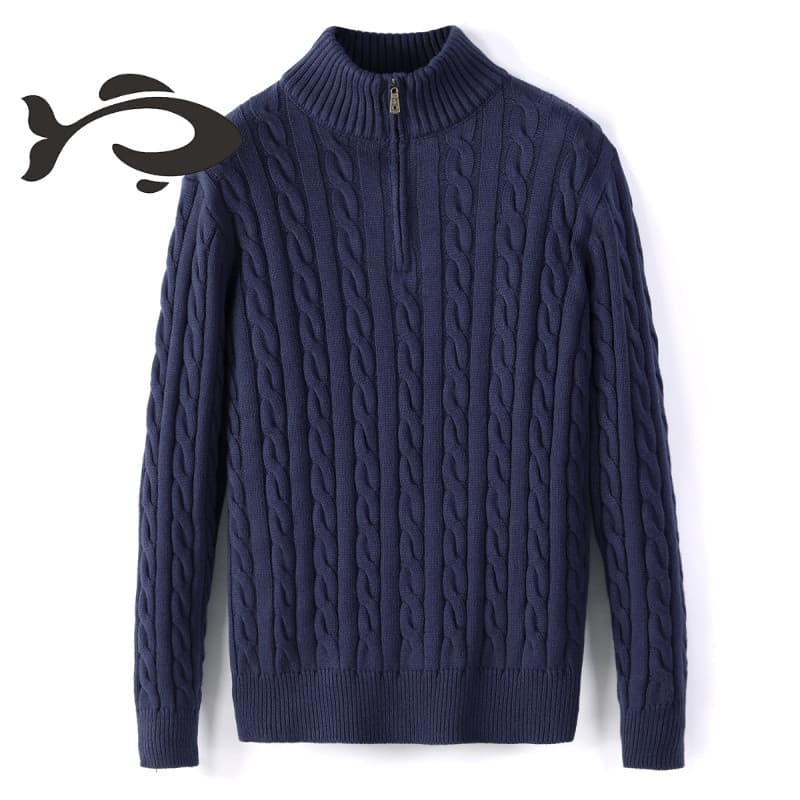 Suéter masculino de malha torcida com meio zíper, 100% algodão, casual, espesso e quente para outono e inverno @ GWI5