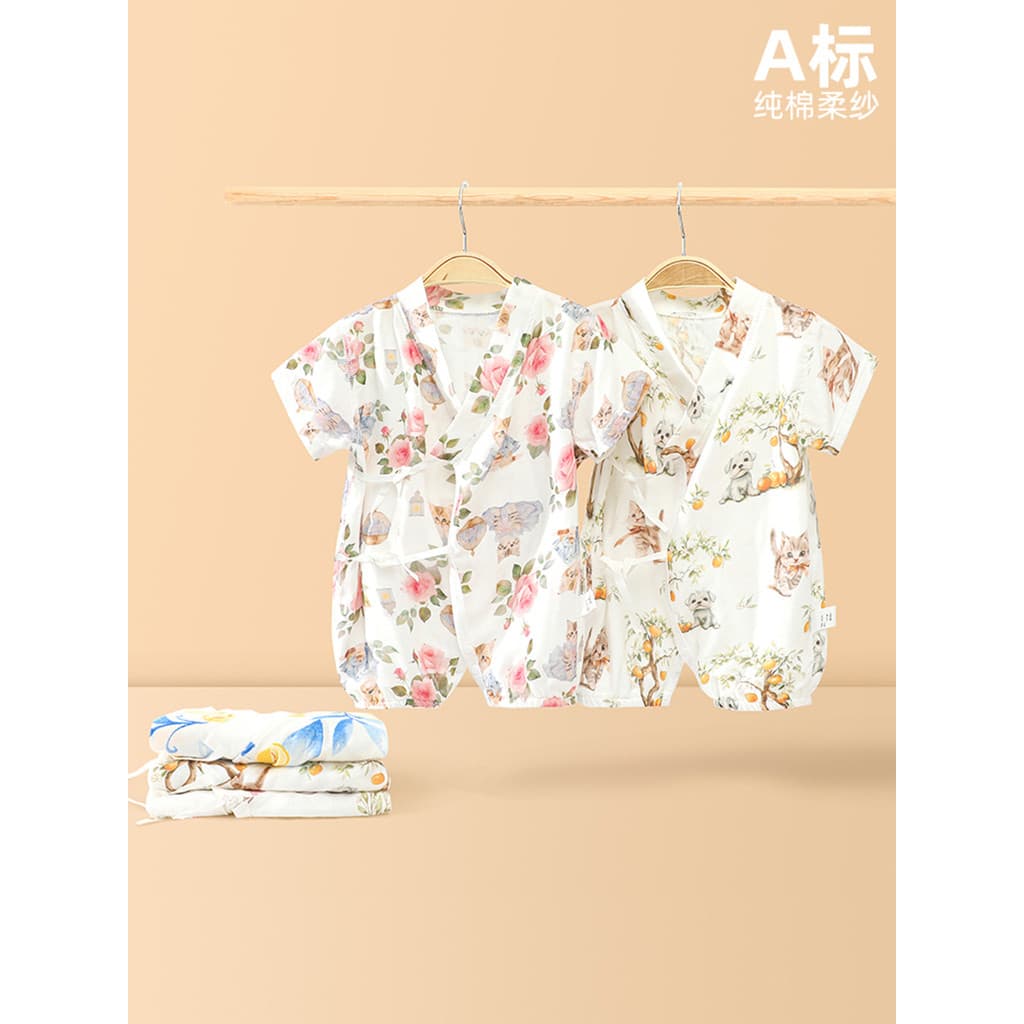 Macacão de bebê gaze respirável impressão dos desenhos animados verão manga curta macacão monge roupas bebê recém-nascid