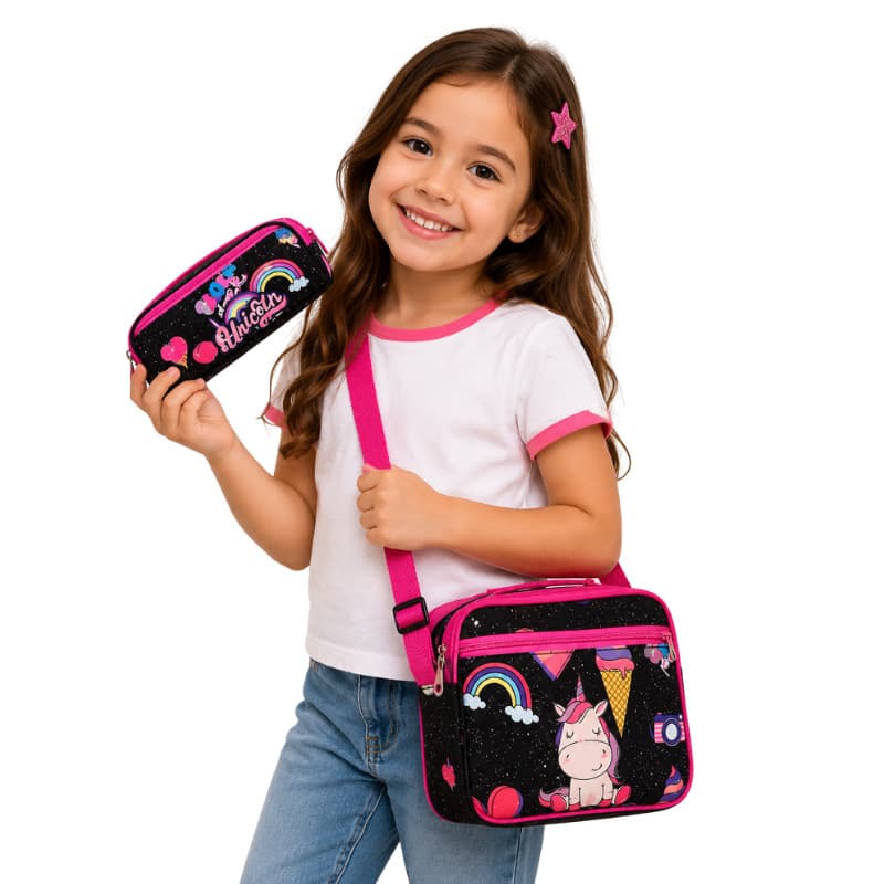 Lancheira Escolar Térmica Transversal + Estojo 1 ziper + garrafinha e porta lanche