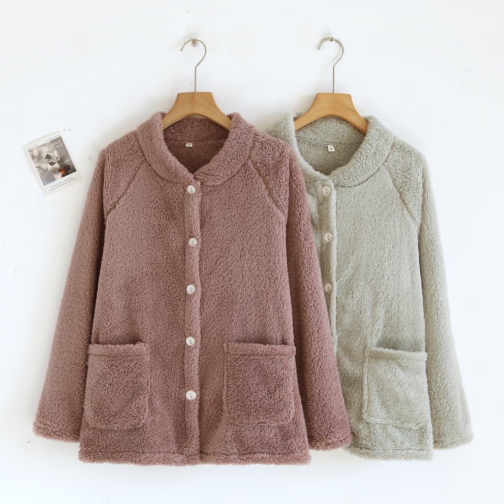 Inverno Coral velo pijamas feminino de uma peça superior engrossado velo quente Homewear Cardigan flanela jaqueta exteri
