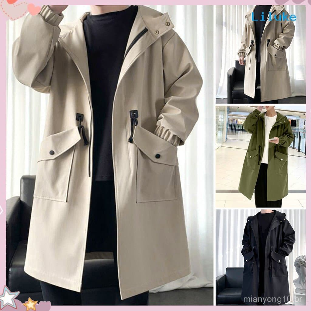 [LK] Trench Coat Masculino Com Capuz , Ajuste Solto , Comprimento Médio , Bolsos Grandes , Manga Comprida , À Prova De V