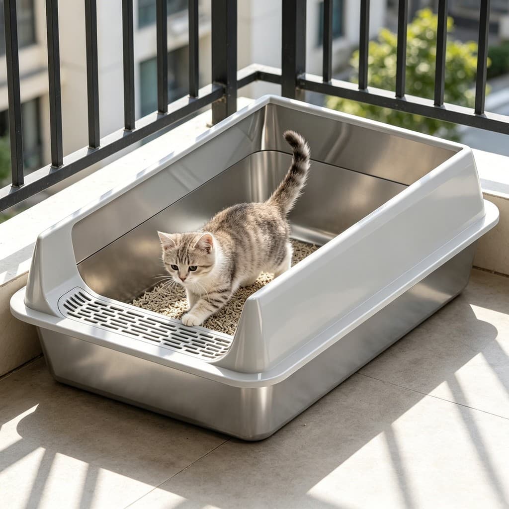 Caixa de Areia Inox para Gato Borda Alta Anti-Espalhamento com Pedal Coletor, Antiferrugem, Fácil Limpeza Duradouro