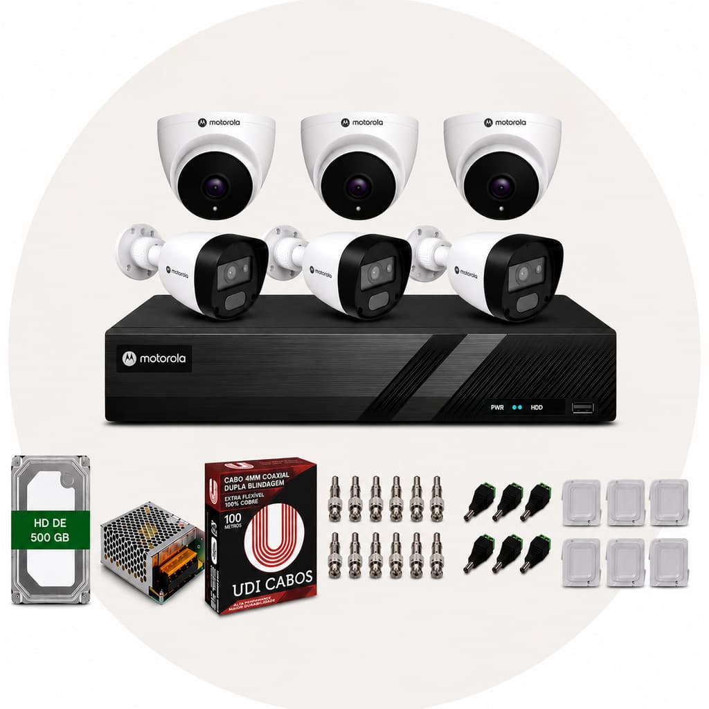 Kit Segurança CFTV Motorola 6 Câmeras Full HD DVR 8 Canais com HD 500GB Acesso Remoto