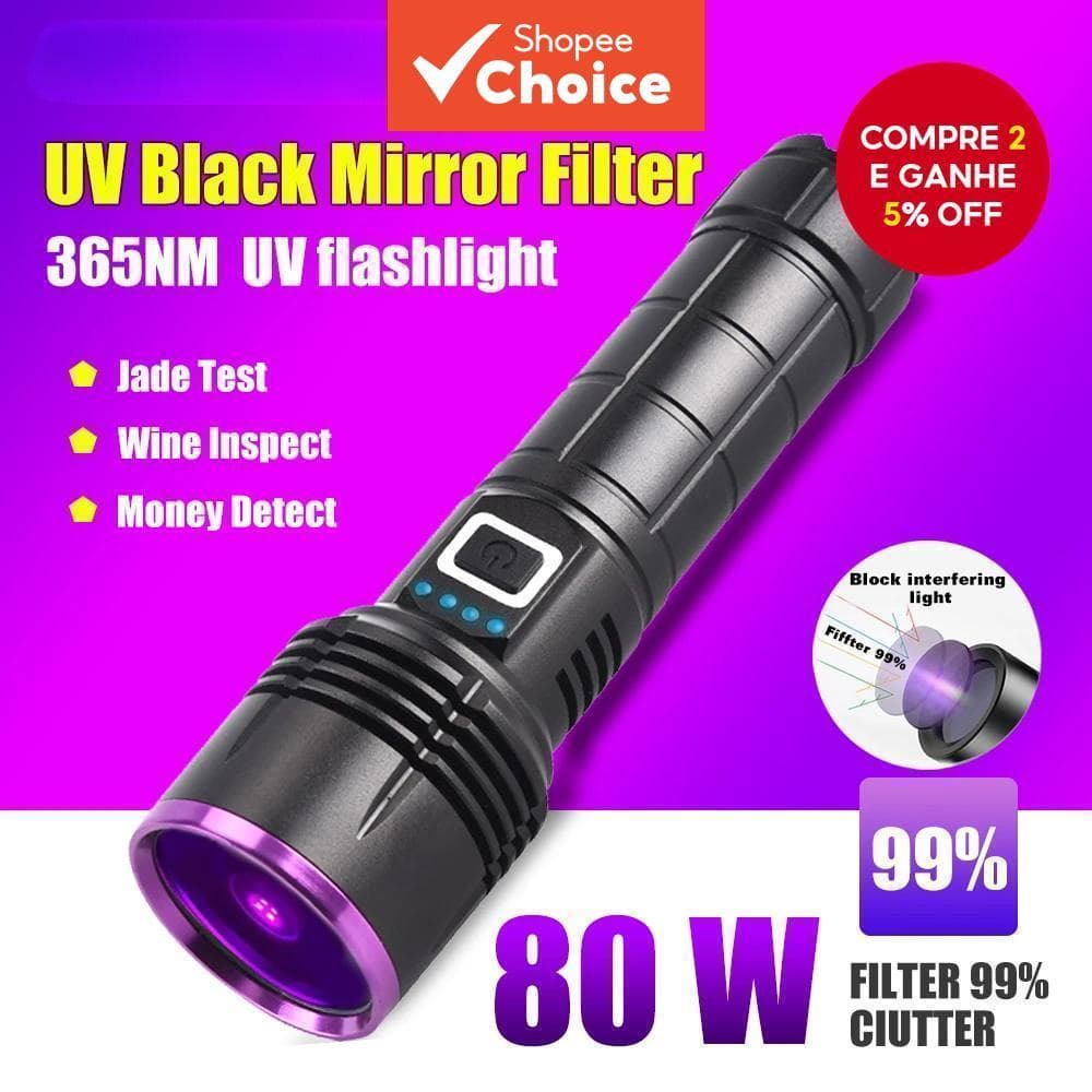 80W 365NM Espelho Preto Lanterna UV De Alta Potência Tipo-C Portátil Recarregável Lâmpada À Prova D'água